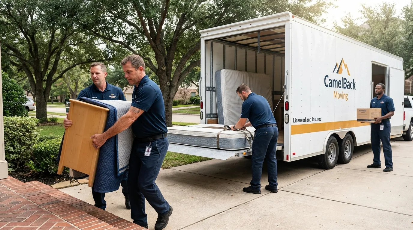 Crew loading residential truck for cross-state move from Lawton, OK