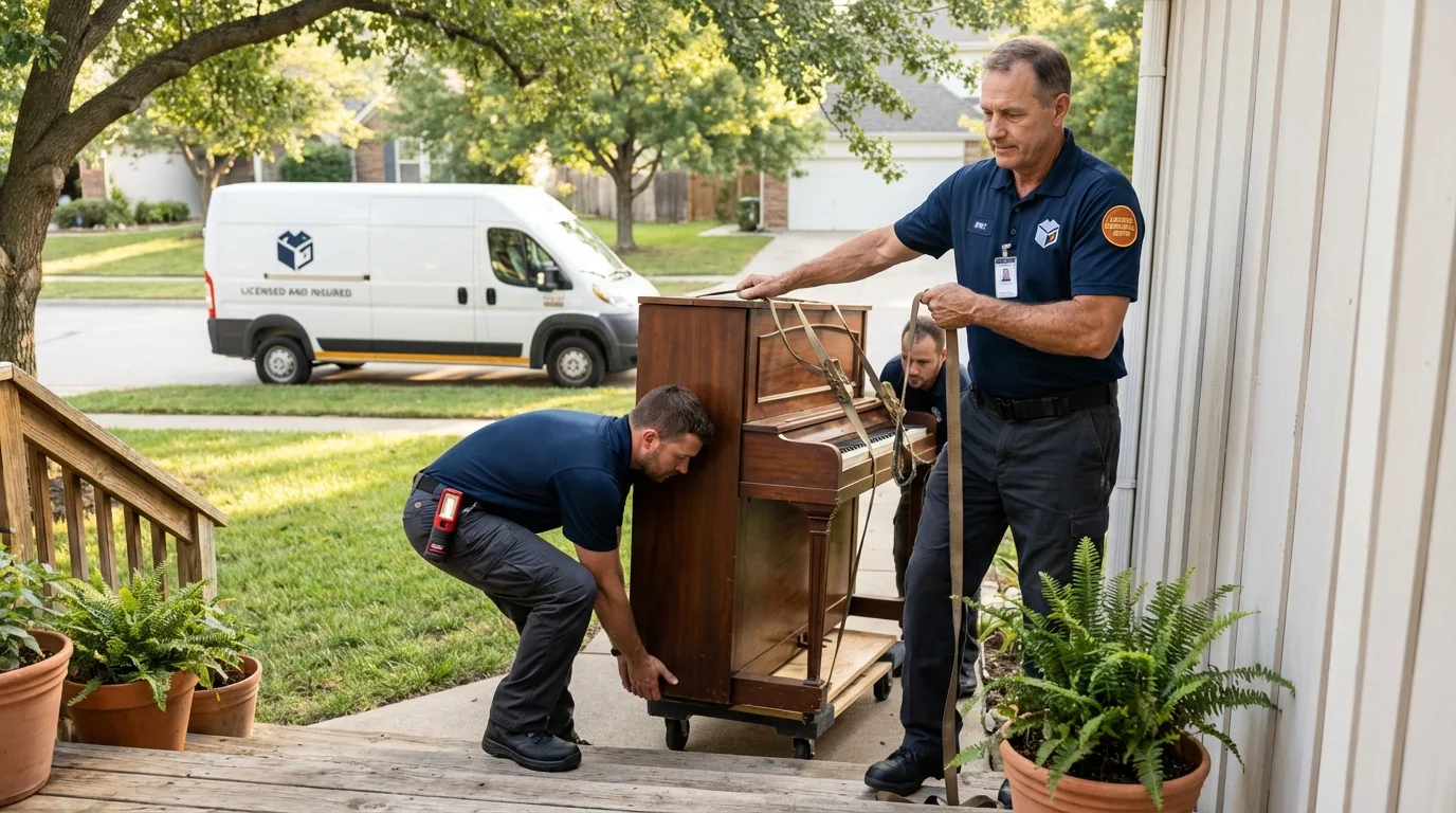 Licensed piano movers securing grand piano in Lawton, OK