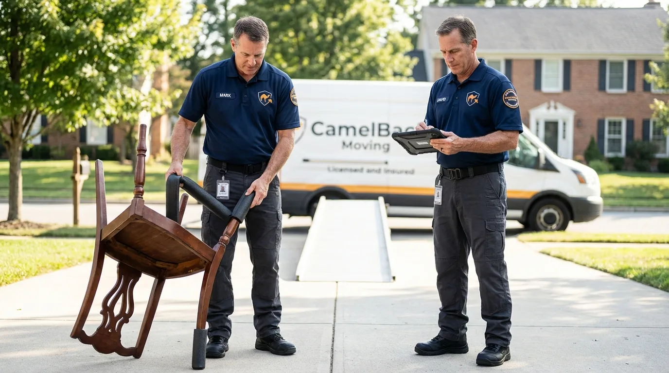 Movers inspecting furniture for damage prevention before loading in Lawton, OK