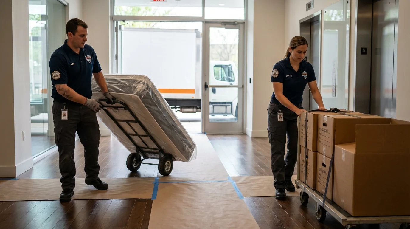 Professional apartment movers loading elevator in Lawton, OK